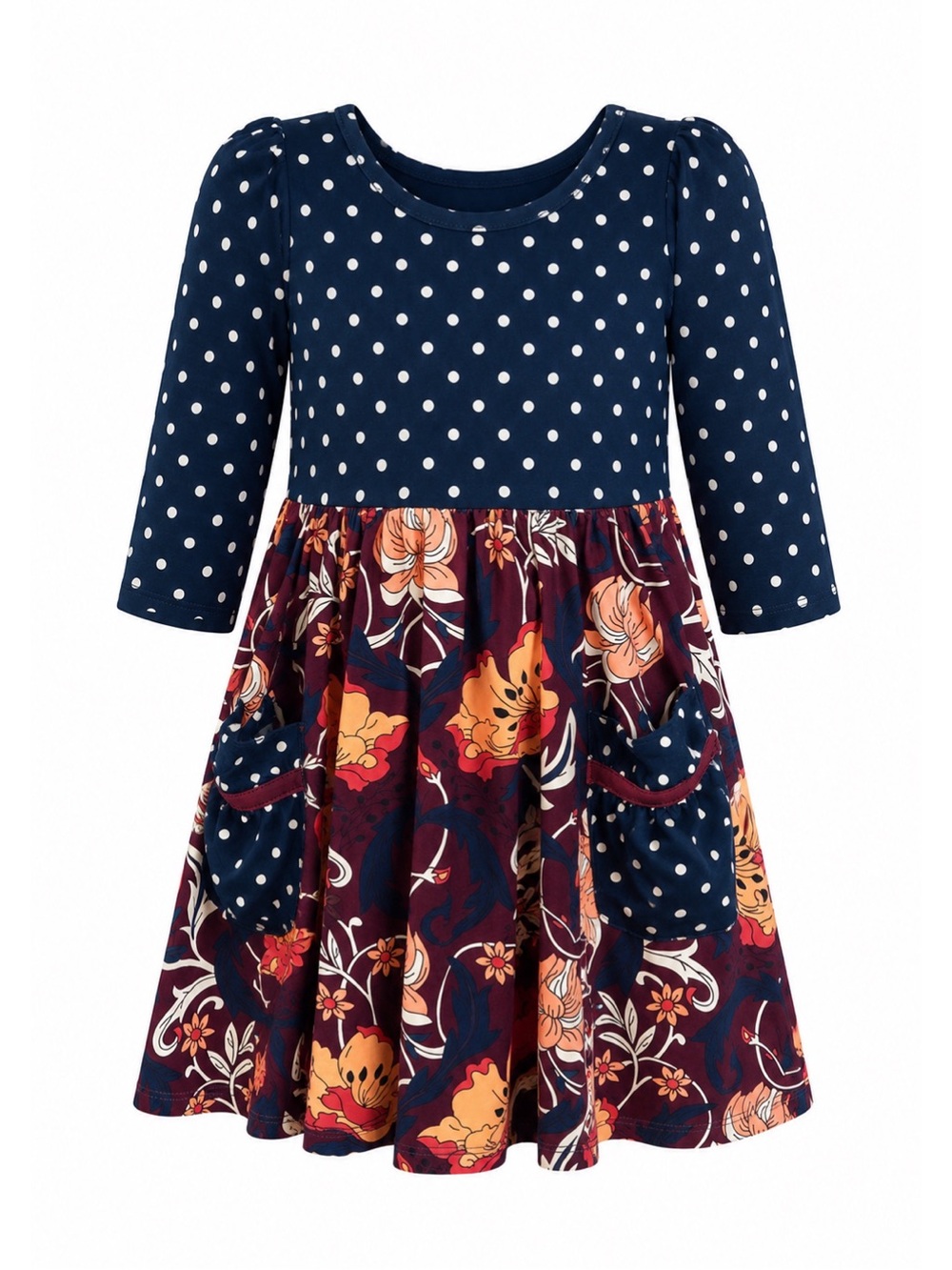NWT Charlie’s Project Kids Navy Polka Dot Floral Long Sleeve Dress Girls 3/4 NEW